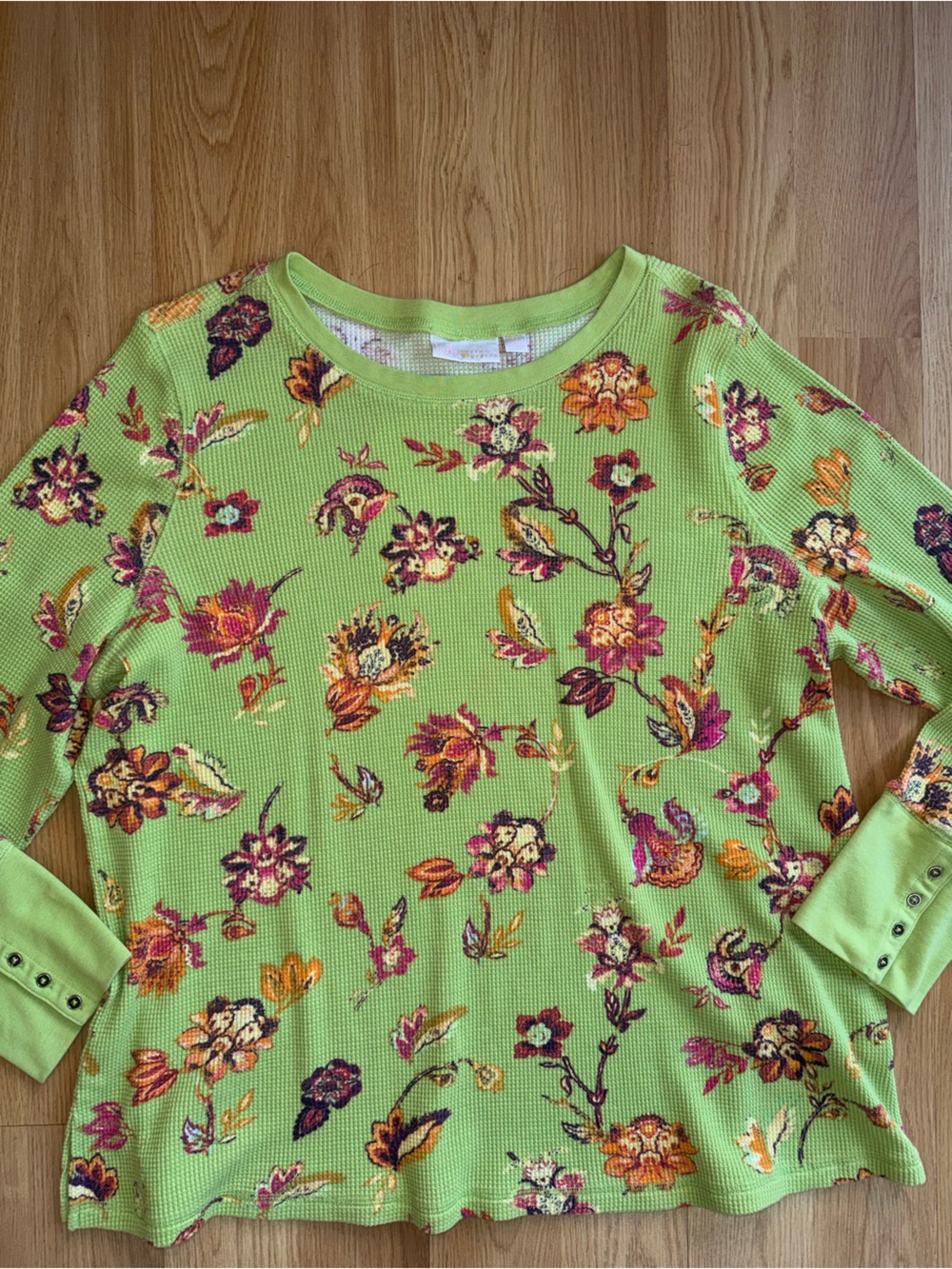 Belle Kim Gravel size 2X Green Floral Long Sleeve Waffle Knit Top shirt - Picture 7 of 12